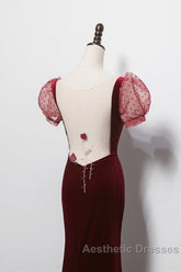 Wine Red Mermaid Velvet With Short Sleeves Formal Dresses, Wine Red Evening Dresses